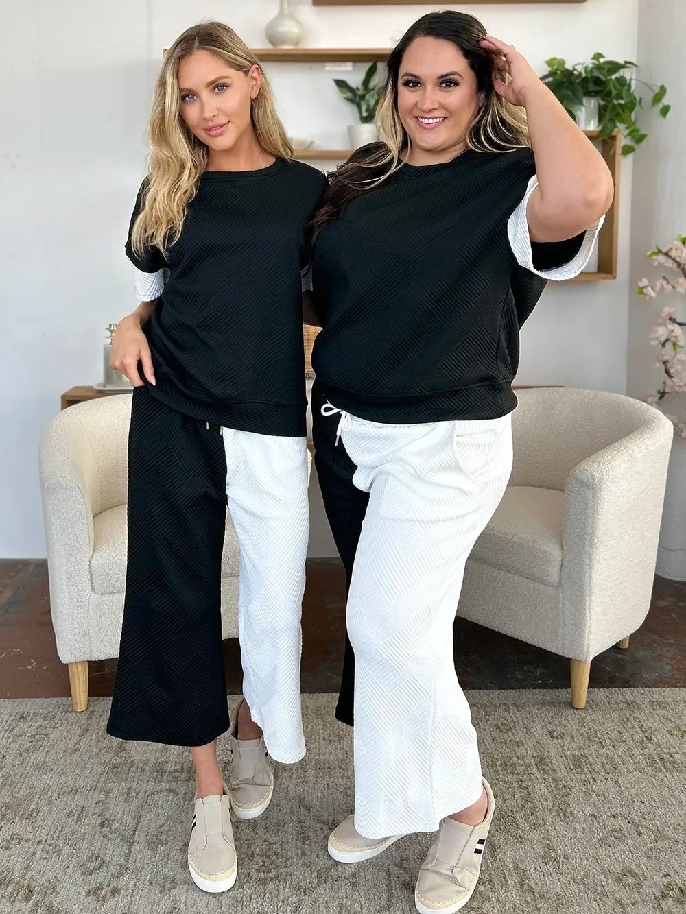 Double Take 2 pcs Texture Contrast T-Shirt and Wide Leg Pants Set Outfit Sets jehouze 