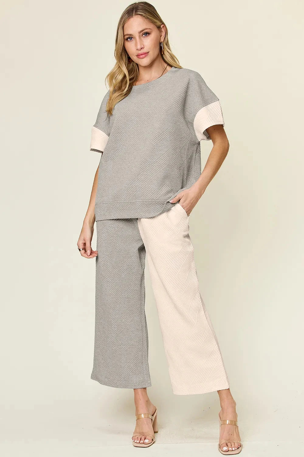 Double Take 2 pcs Texture Contrast T-Shirt and Wide Leg Pants Set Outfit Sets jehouze Light Gray S 