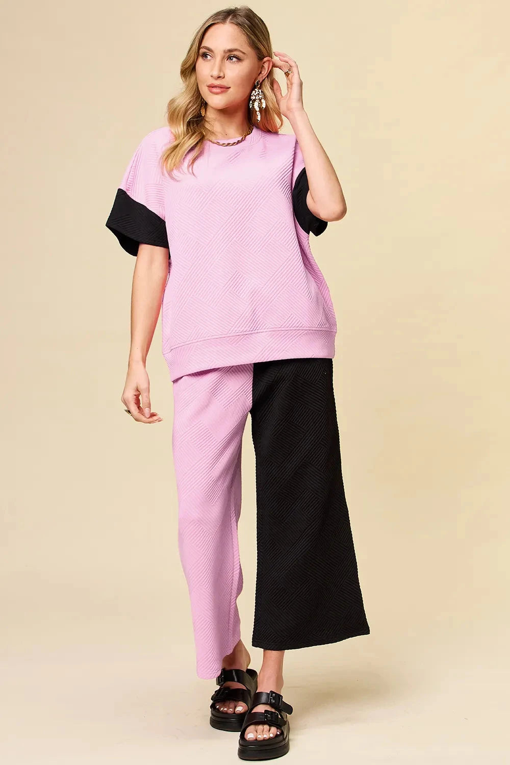 Double Take 2 pcs Texture Contrast T-Shirt and Wide Leg Pants Set Outfit Sets jehouze Pink S 