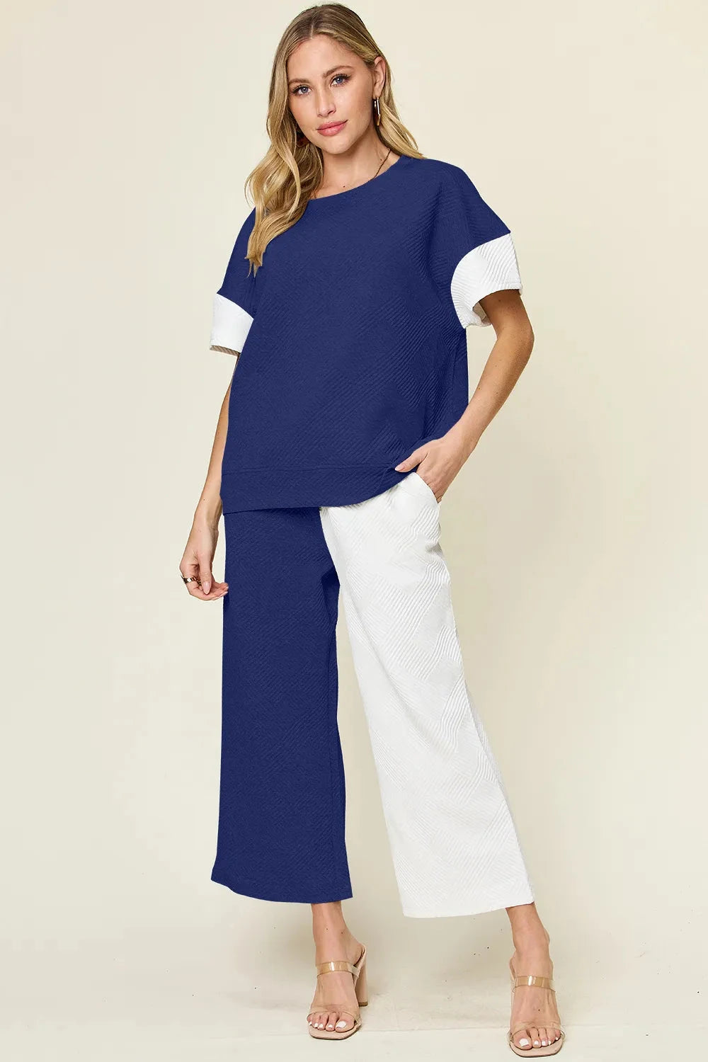 Double Take 2 pcs Texture Contrast T-Shirt and Wide Leg Pants Set Outfit Sets jehouze Royal Blue S 
