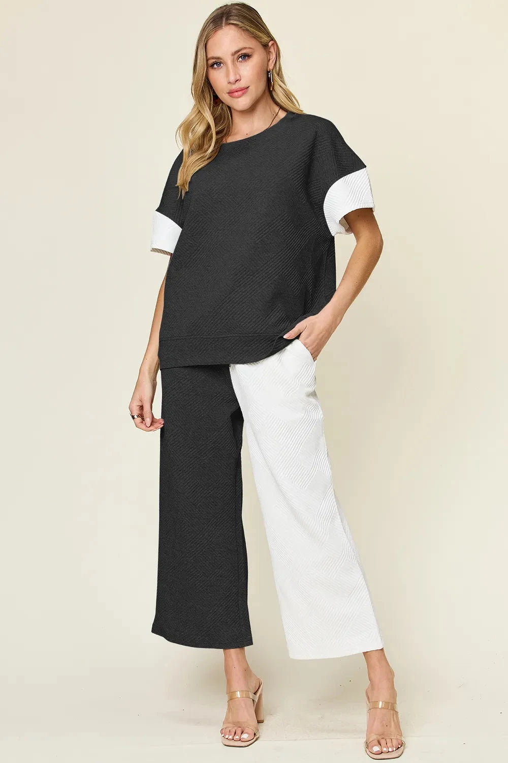 Double Take 2 pcs Texture Contrast T-Shirt and Wide Leg Pants Set Outfit Sets jehouze White S 