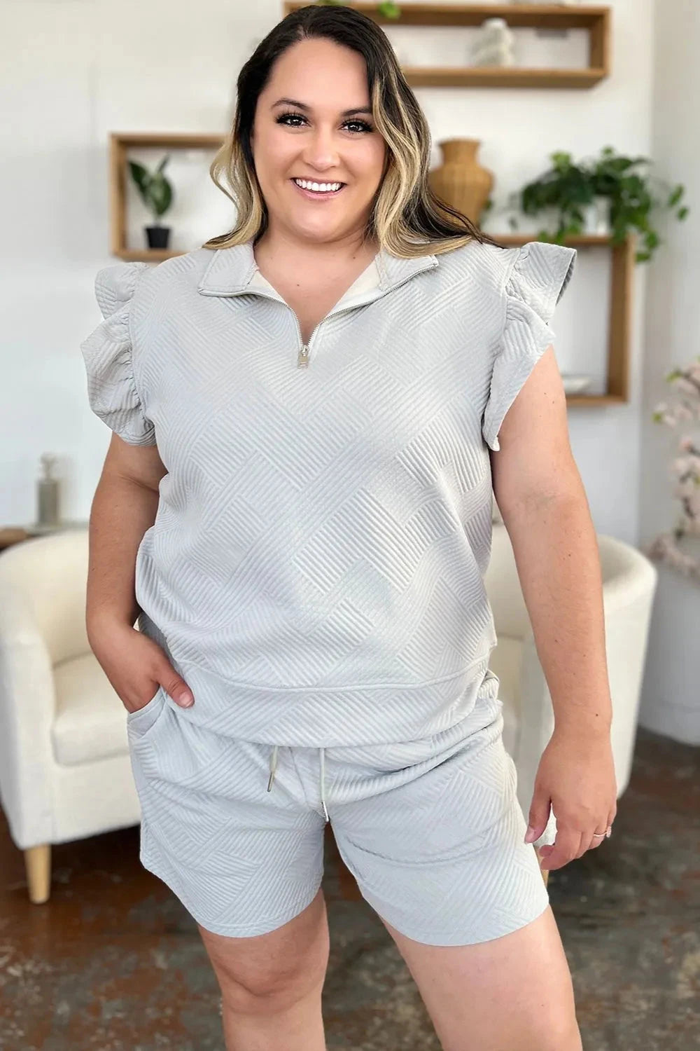 Double Take 2 pcs Texture Flounce Sleeve Top and Drawstring Shorts Set Outfit Sets jehouze 