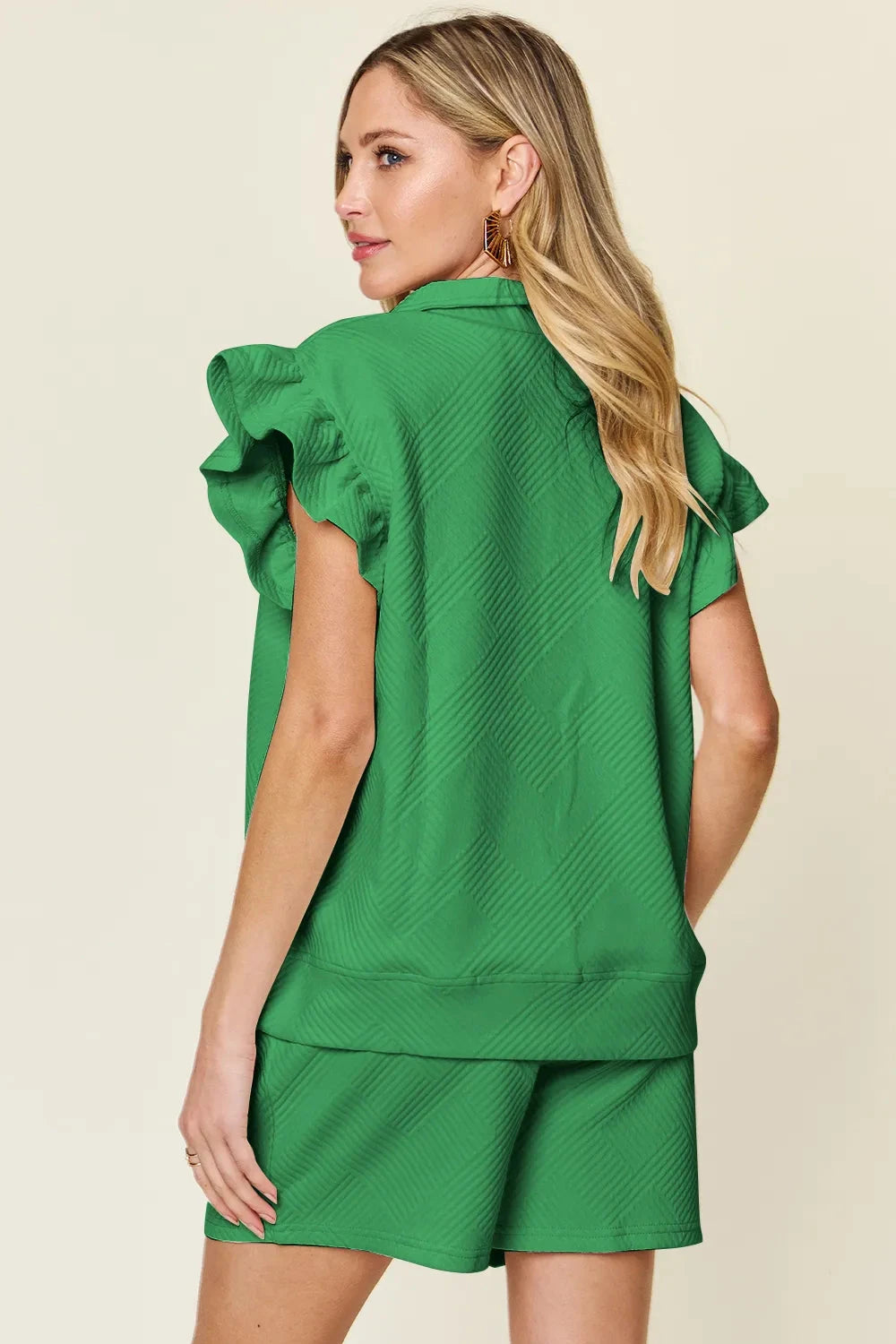 Double Take 2 pcs Texture Flounce Sleeve Top and Drawstring Shorts Set Outfit Sets jehouze 