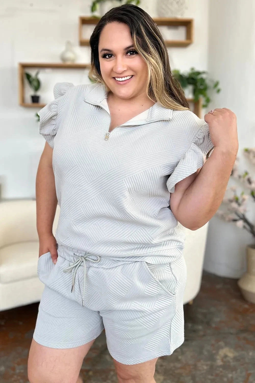 Double Take 2 pcs Texture Flounce Sleeve Top and Drawstring Shorts Set Outfit Sets jehouze 