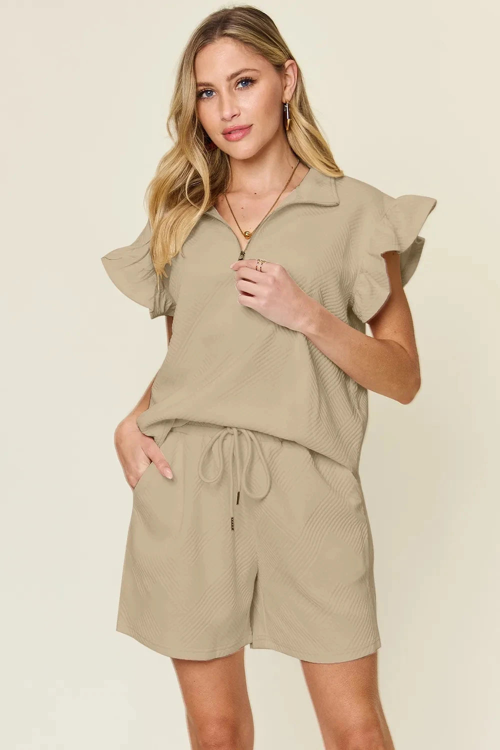 Double Take 2 pcs Texture Flounce Sleeve Top and Drawstring Shorts Set Outfit Sets jehouze Khaki S 