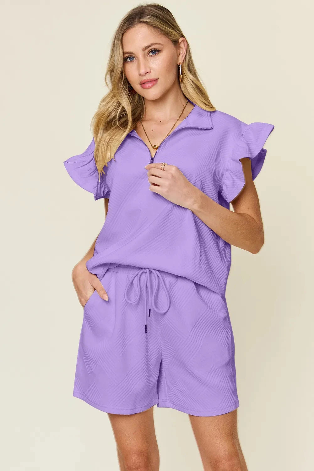 Double Take 2 pcs Texture Flounce Sleeve Top and Drawstring Shorts Set Outfit Sets jehouze Lavender S 