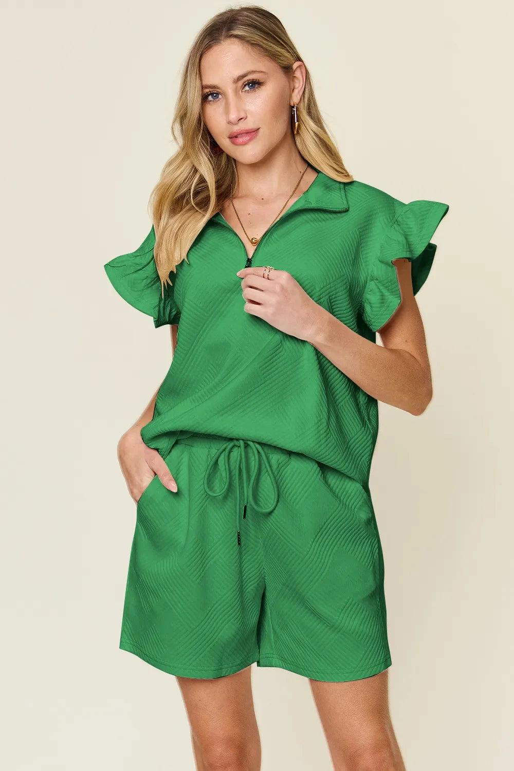 Double Take 2 pcs Texture Flounce Sleeve Top and Drawstring Shorts Set Outfit Sets jehouze Mid Green S 