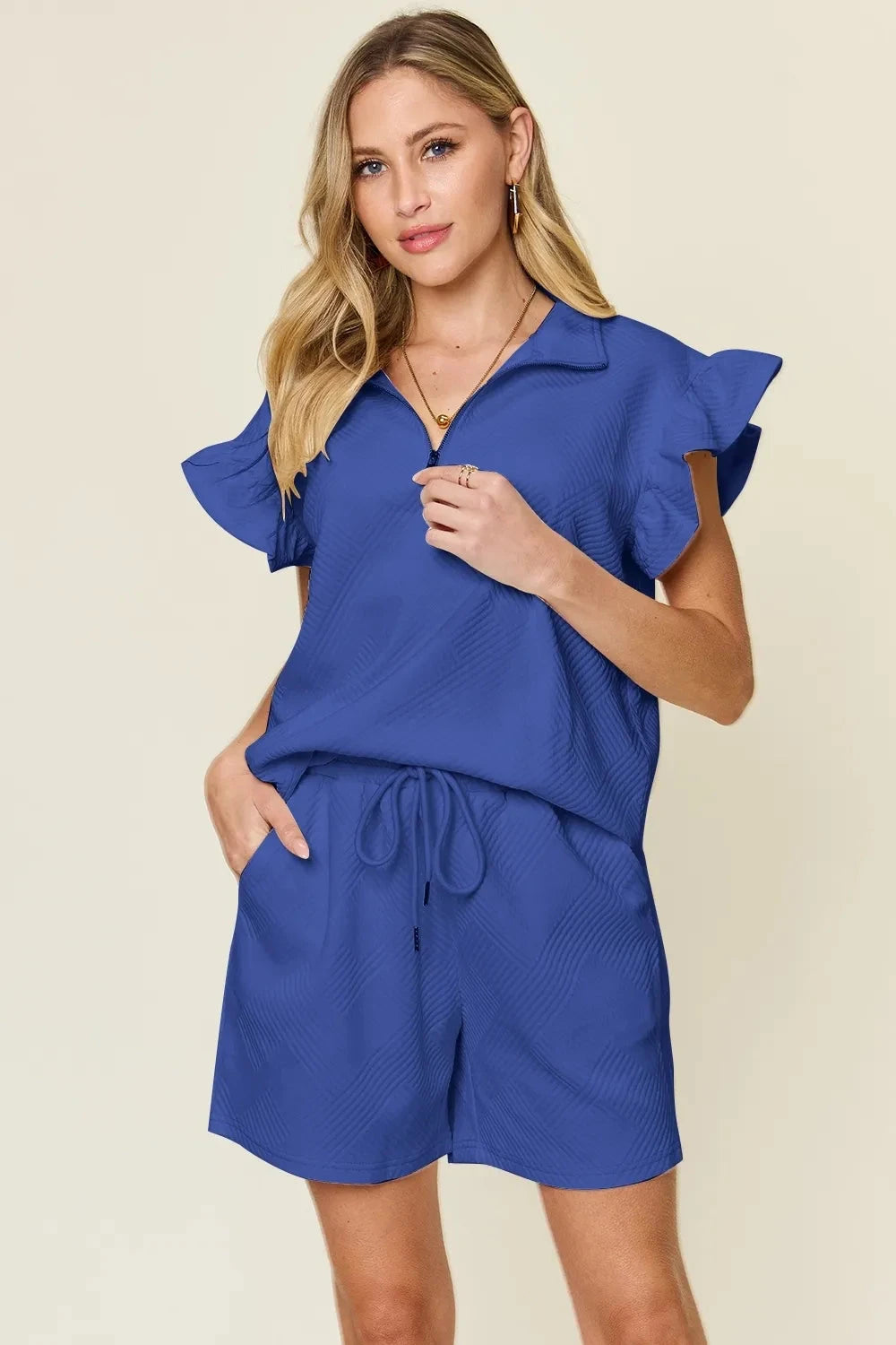 Double Take 2 pcs Texture Flounce Sleeve Top and Drawstring Shorts Set Outfit Sets jehouze Royal Blue S 