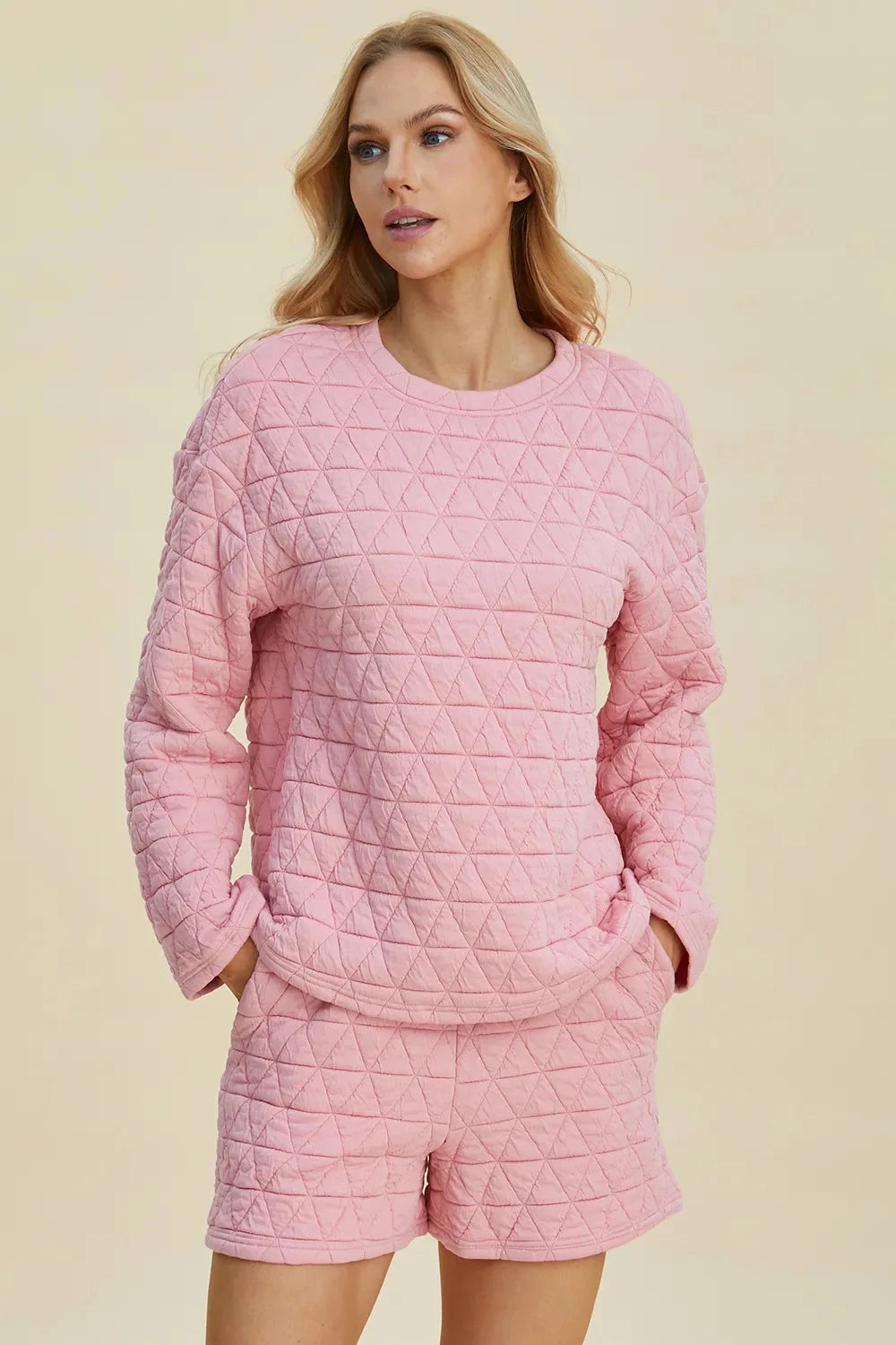 Double Take 2 pcs Texture Round Neck Long Sleeve Top and Shorts Set Outfit Sets jehouze 