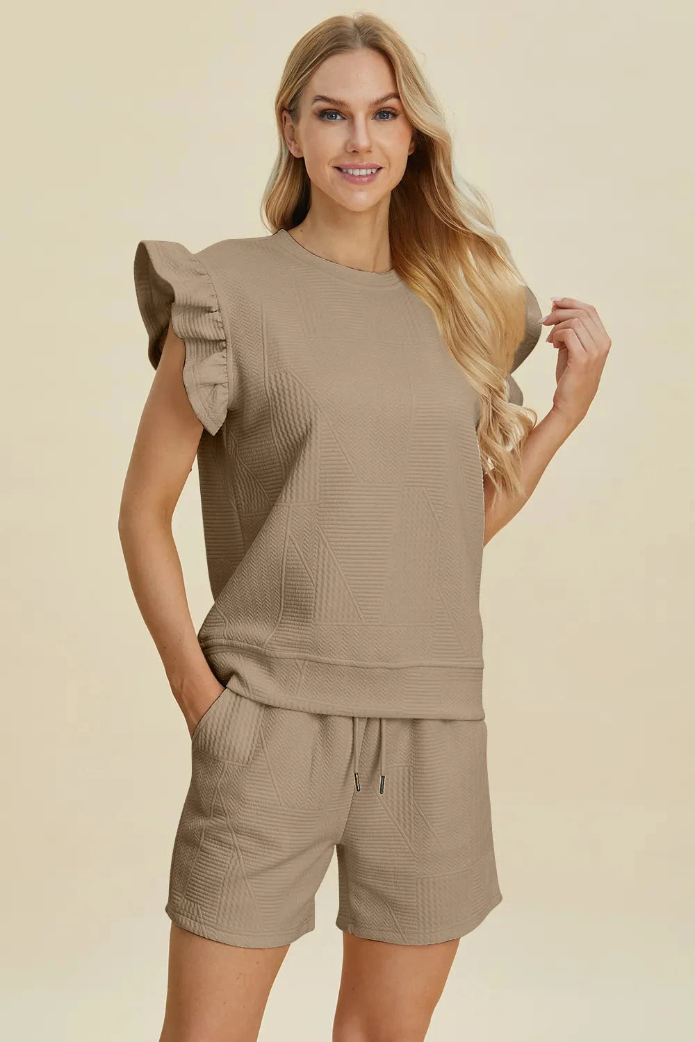 Double Take 2 pcs Texture Round Neck Ruffle Sleeve Top and Shorts Set Outfit Sets jehouze Khaki S 