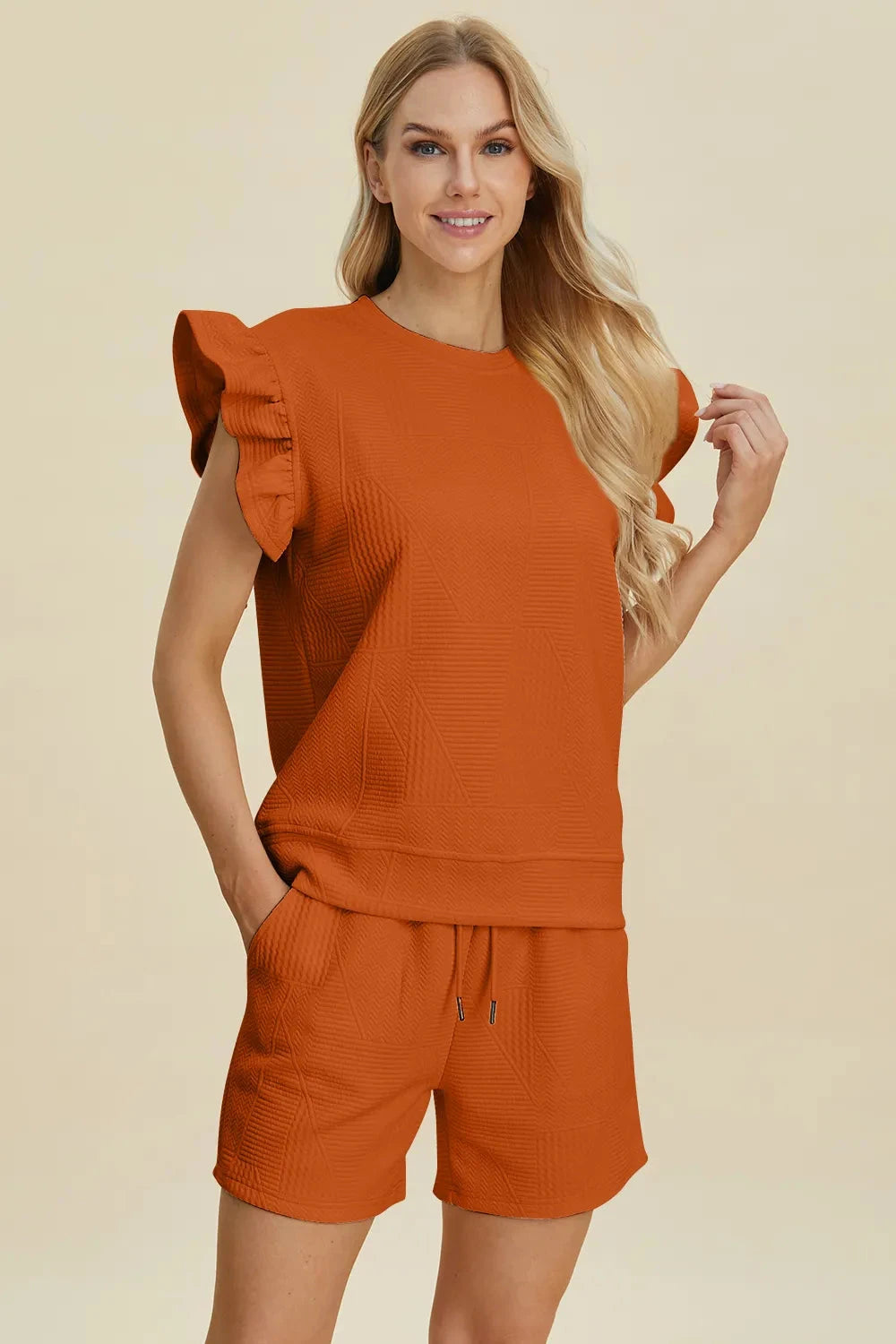 Double Take 2 pcs Texture Round Neck Ruffle Sleeve Top and Shorts Set Outfit Sets jehouze Tangerine S 