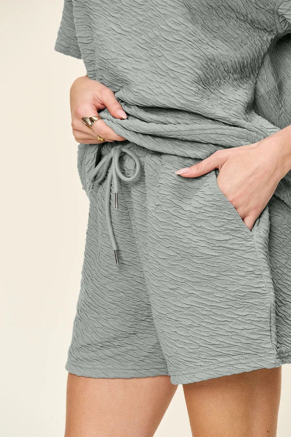 Double Take 2 pcs Texture Short Sleeve T-Shirt and Drawstring Shorts Set Outfit Sets jehouze 