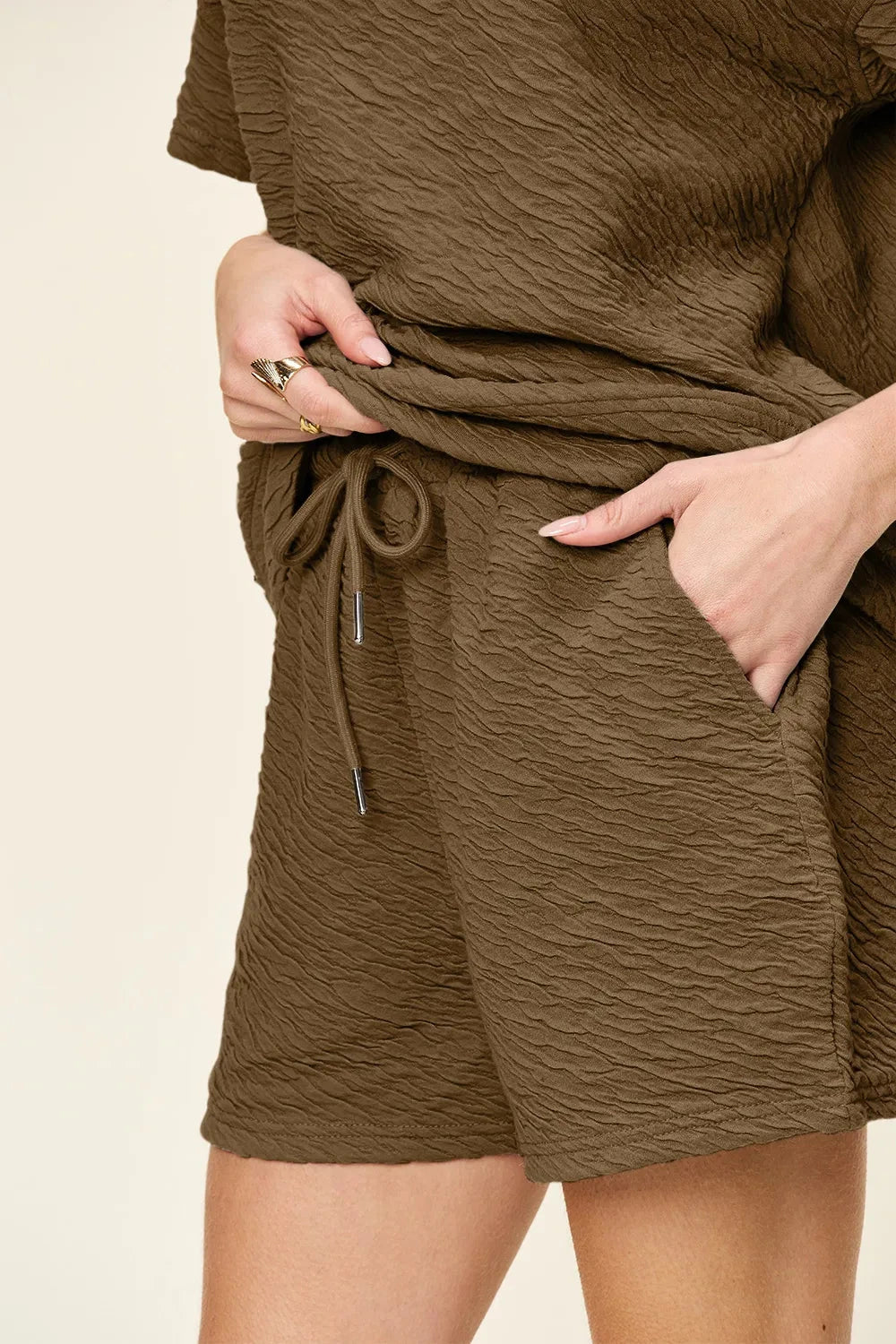 Double Take 2 pcs Texture Short Sleeve T-Shirt and Drawstring Shorts Set Outfit Sets jehouze 