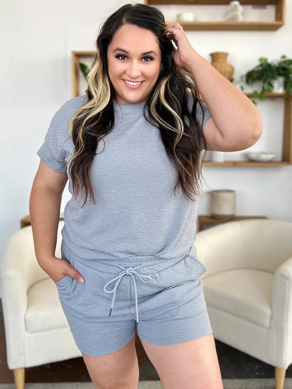 Double Take 2 pcs Texture Short Sleeve T-Shirt and Drawstring Shorts Set Outfit Sets jehouze 