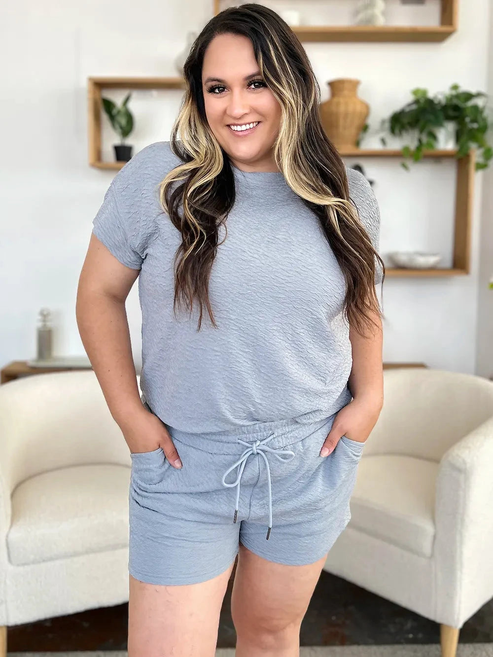 Double Take 2 pcs Texture Short Sleeve T-Shirt and Drawstring Shorts Set Outfit Sets jehouze 