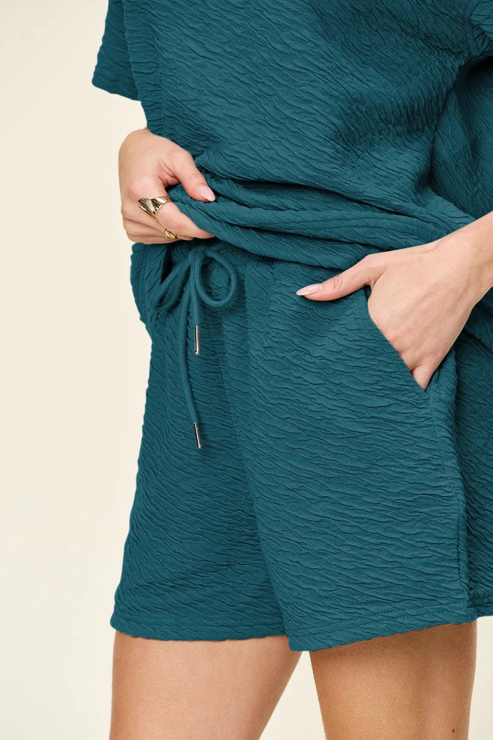 Double Take 2 pcs Texture Short Sleeve T-Shirt and Drawstring Shorts Set Outfit Sets jehouze 