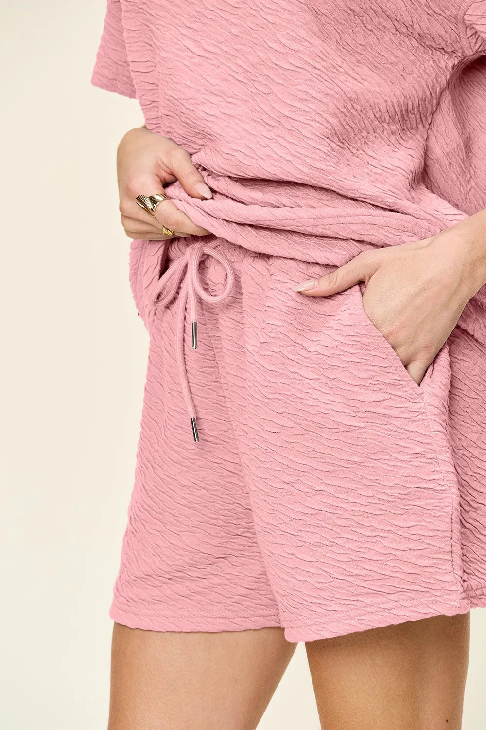 Double Take 2 pcs Texture Short Sleeve T-Shirt and Drawstring Shorts Set Outfit Sets jehouze 