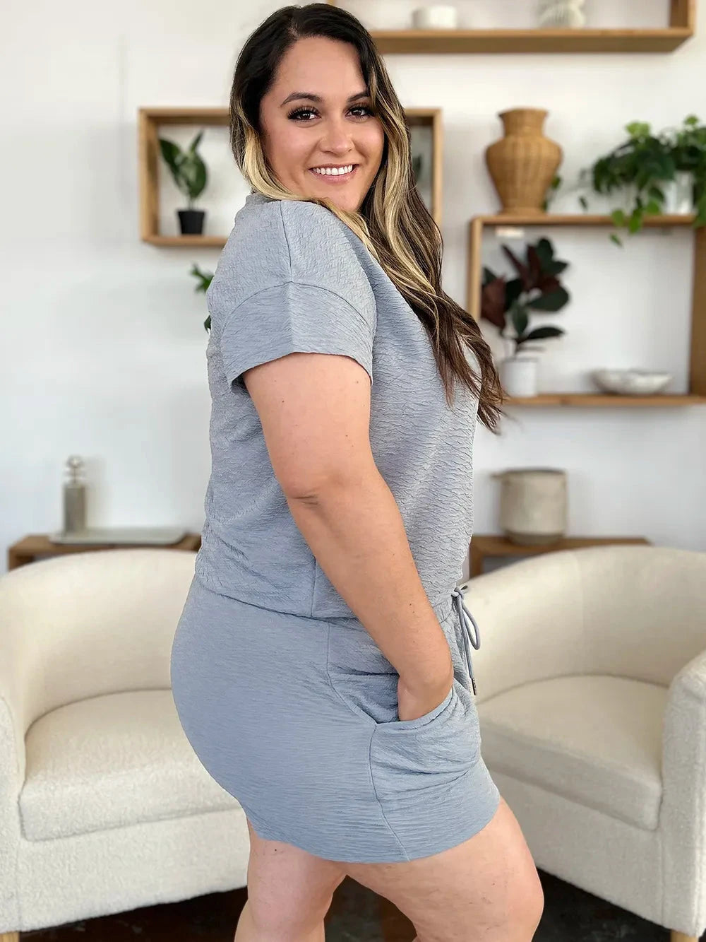 Double Take 2 pcs Texture Short Sleeve T-Shirt and Drawstring Shorts Set Outfit Sets jehouze 