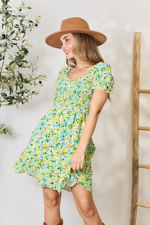 Double Take Carnary Yellow Green Smocked Scoop Neck Short Flounce Sleeve Mini Dress Dresses jehouze 