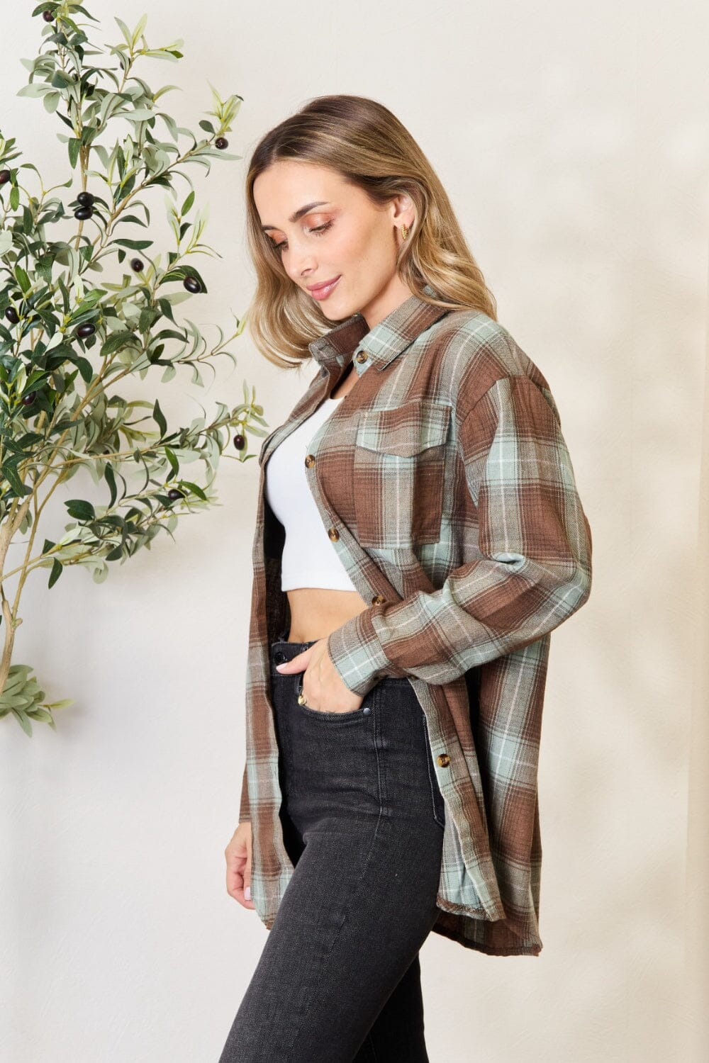 Double Take Olive Brown Plaid Dropped Shoulder Shirt Shirts & Tops jehouze 