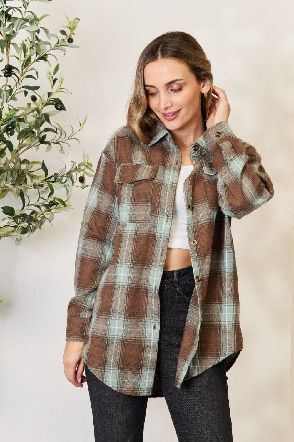 Double Take Olive Brown Plaid Dropped Shoulder Shirt Shirts & Tops jehouze 