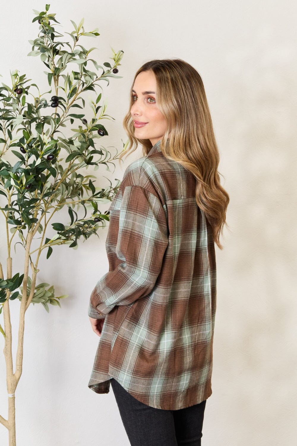 Double Take Olive Brown Plaid Dropped Shoulder Shirt Shirts & Tops jehouze 