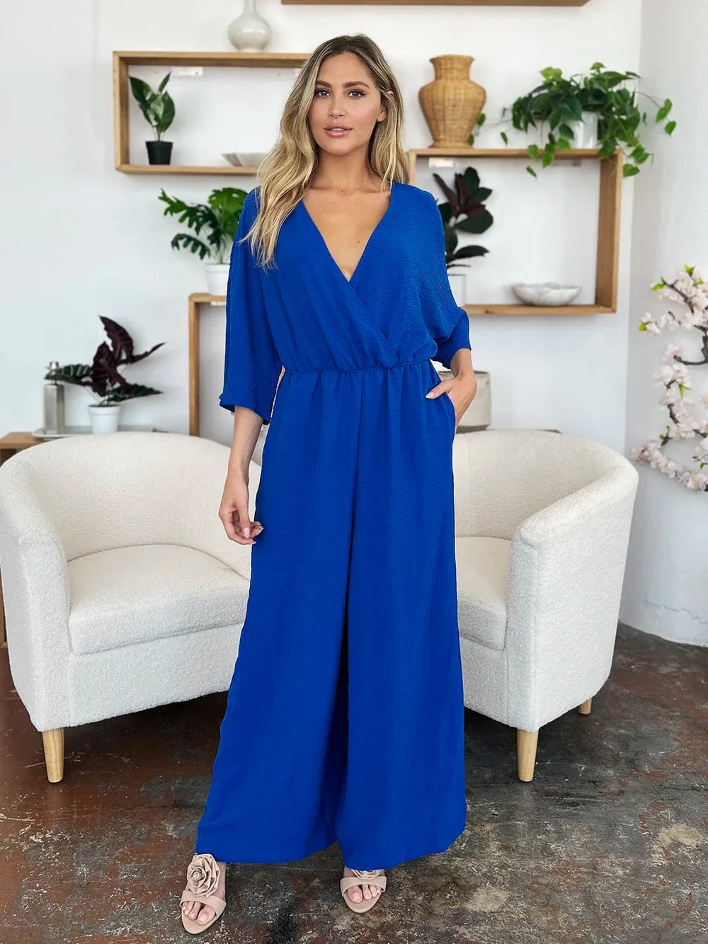 Double Take Surplice Wide Leg Jumpsuit with Pockets Jumpsuits & Rompers jehouze 