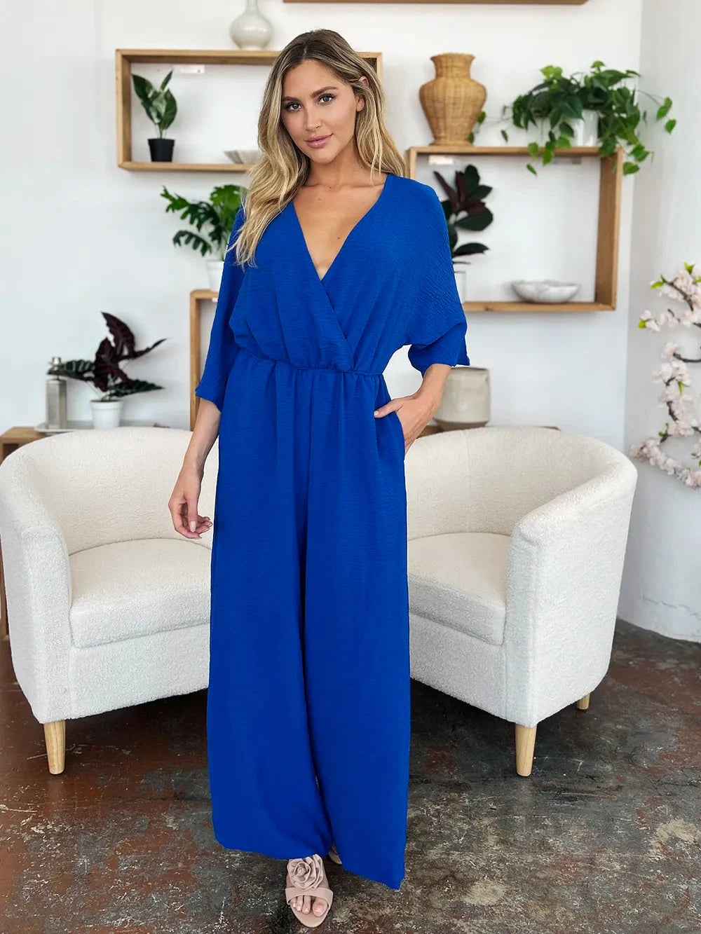 Double Take Surplice Wide Leg Jumpsuit with Pockets Jumpsuits & Rompers jehouze 