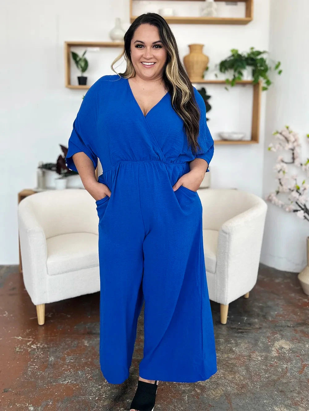 Double Take Surplice Wide Leg Jumpsuit with Pockets Jumpsuits & Rompers jehouze 