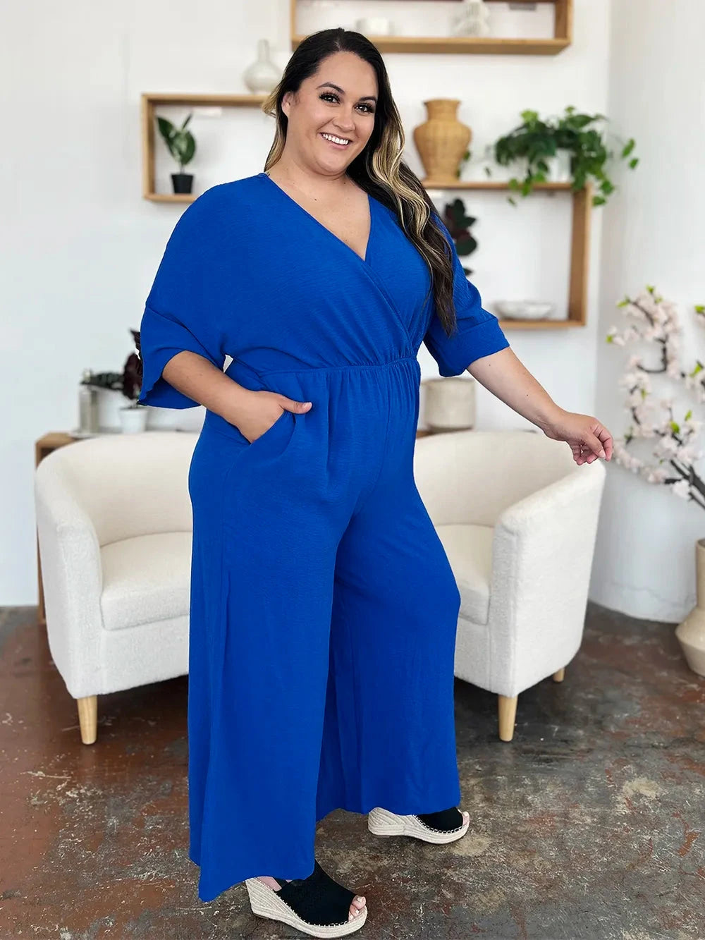 Double Take Surplice Wide Leg Jumpsuit with Pockets Jumpsuits & Rompers jehouze 