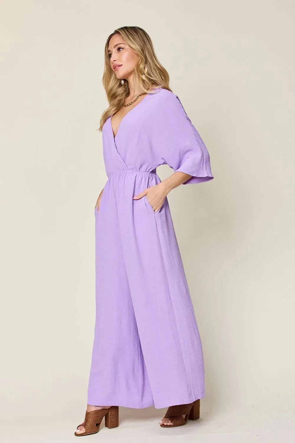 Double Take Surplice Wide Leg Jumpsuit with Pockets Jumpsuits & Rompers jehouze 