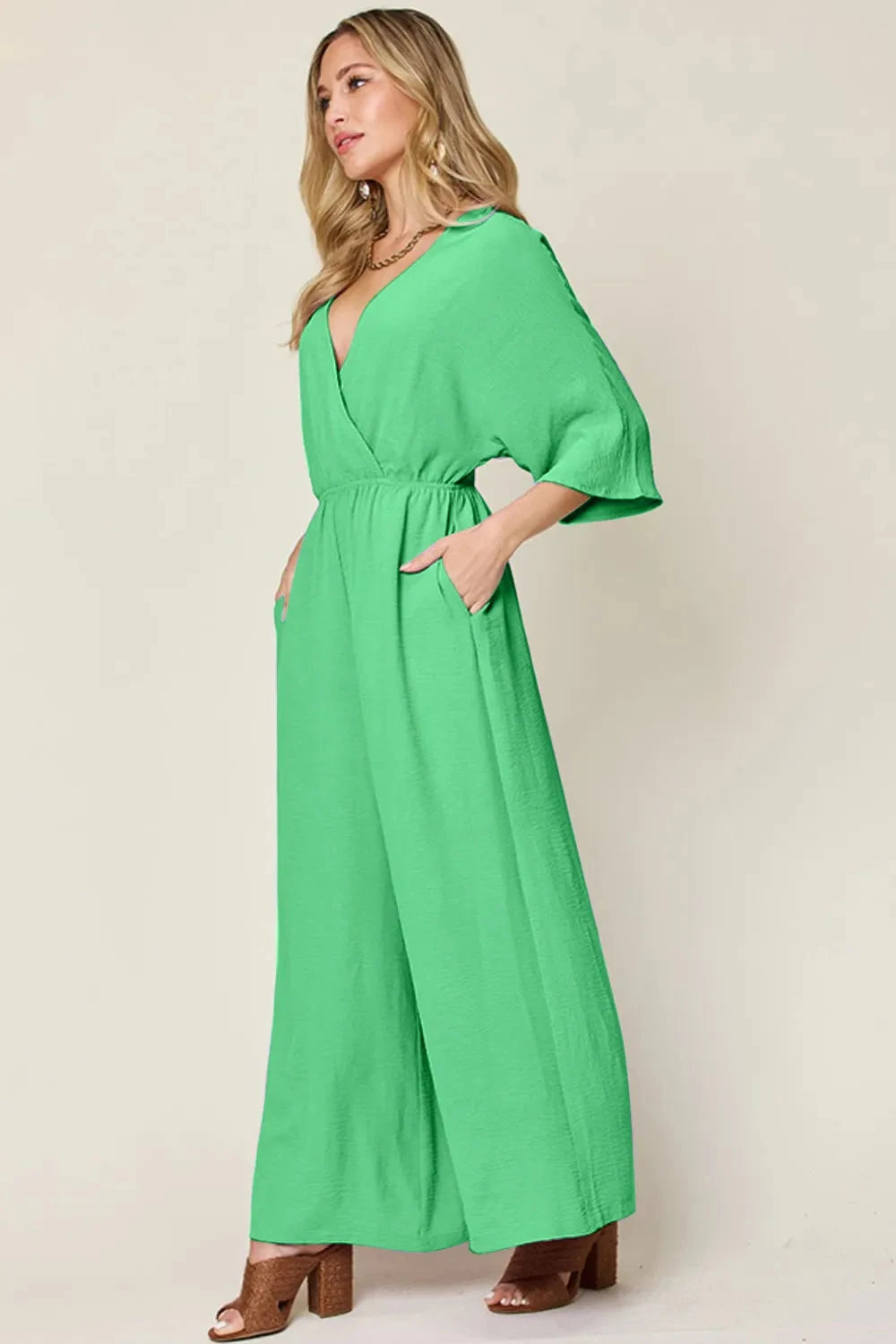 Double Take Surplice Wide Leg Jumpsuit with Pockets Jumpsuits & Rompers jehouze 