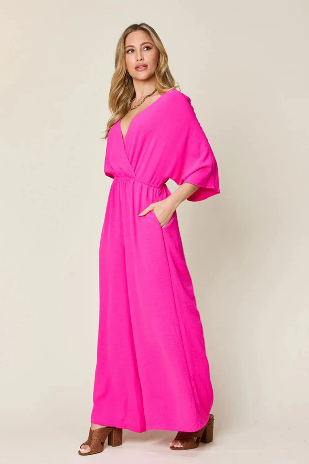Double Take Surplice Wide Leg Jumpsuit with Pockets Jumpsuits & Rompers jehouze 