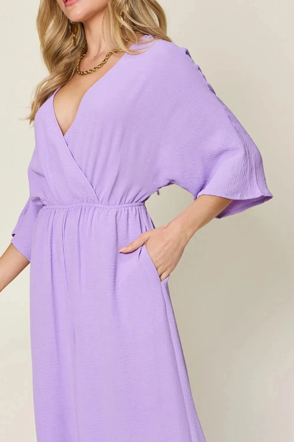 Double Take Surplice Wide Leg Jumpsuit with Pockets Jumpsuits & Rompers jehouze 