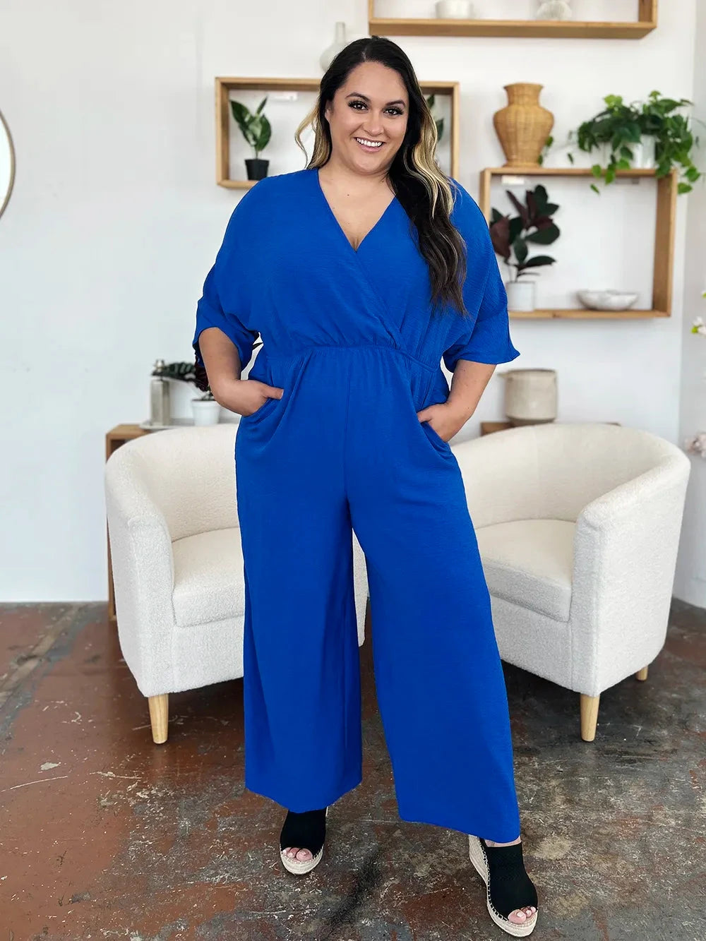 Double Take Surplice Wide Leg Jumpsuit with Pockets Jumpsuits & Rompers jehouze 