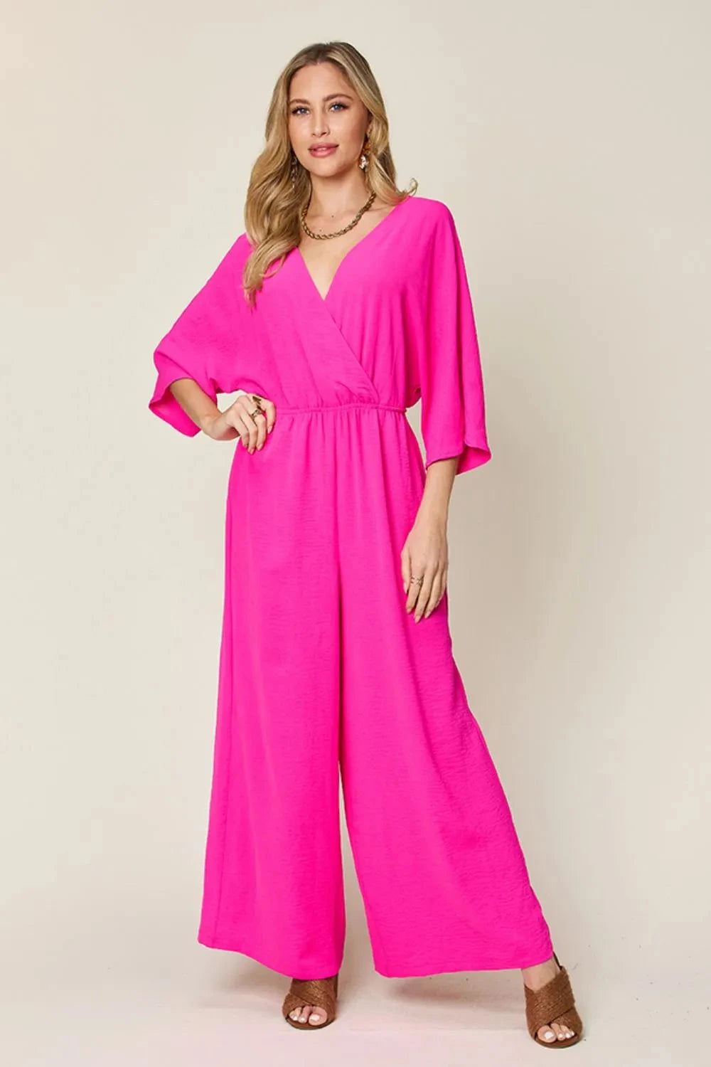 Double Take Surplice Wide Leg Jumpsuit with Pockets Jumpsuits & Rompers jehouze Hot Pink S 