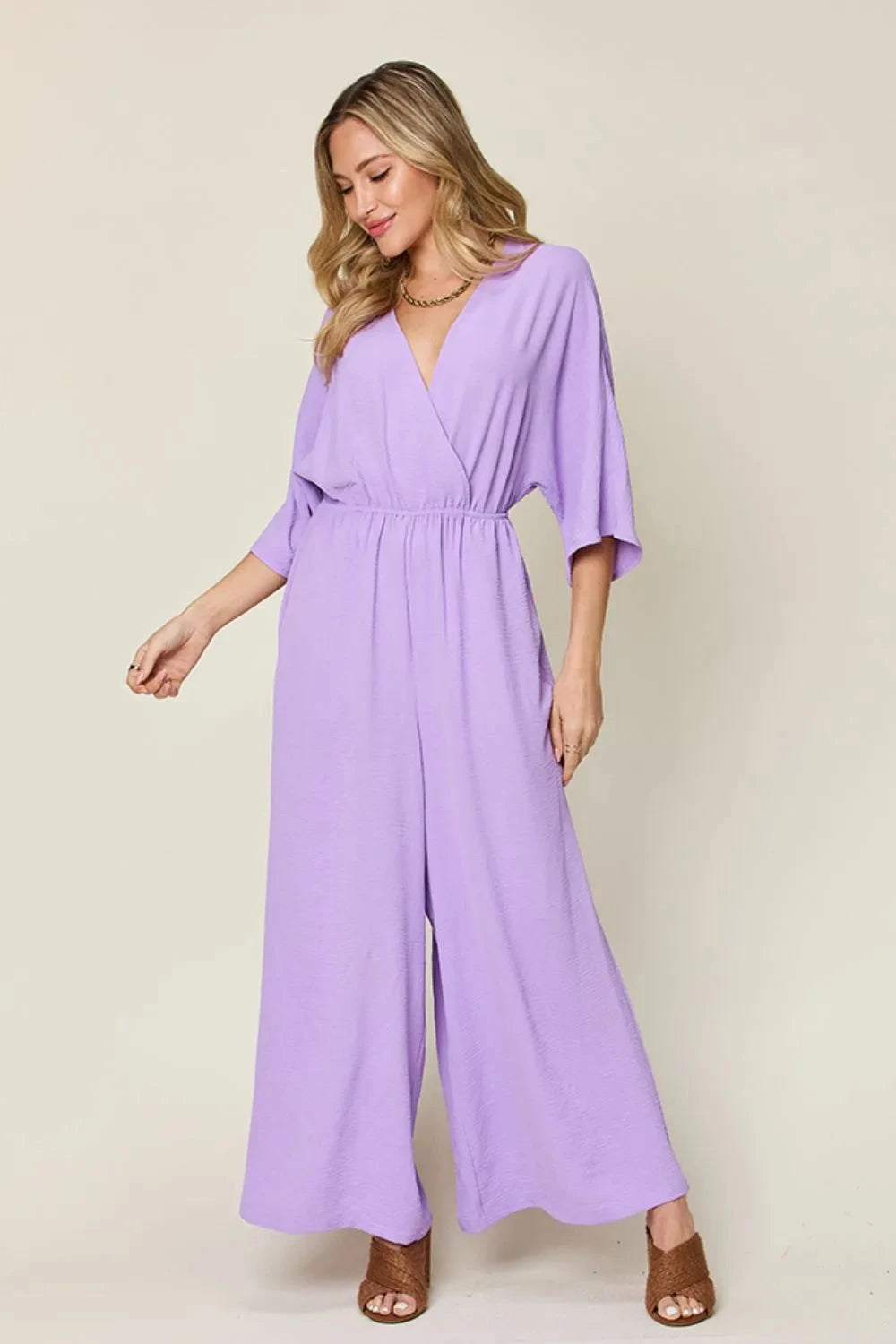 Double Take Surplice Wide Leg Jumpsuit with Pockets Jumpsuits & Rompers jehouze Lavender S 