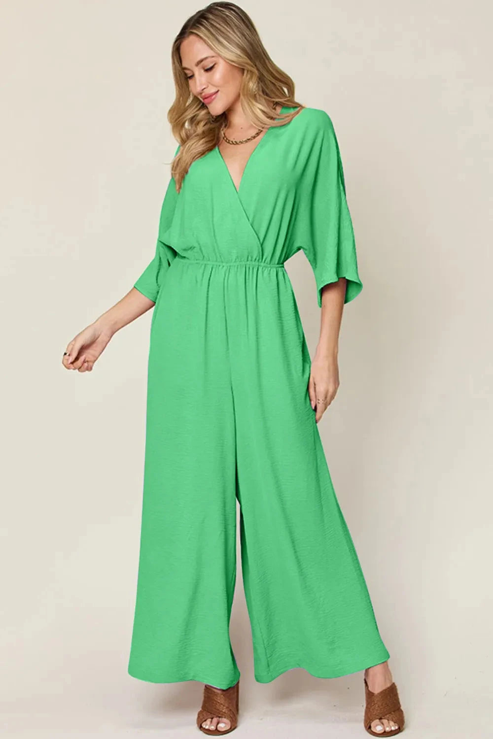 Double Take Surplice Wide Leg Jumpsuit with Pockets Jumpsuits & Rompers jehouze Mid Green S 