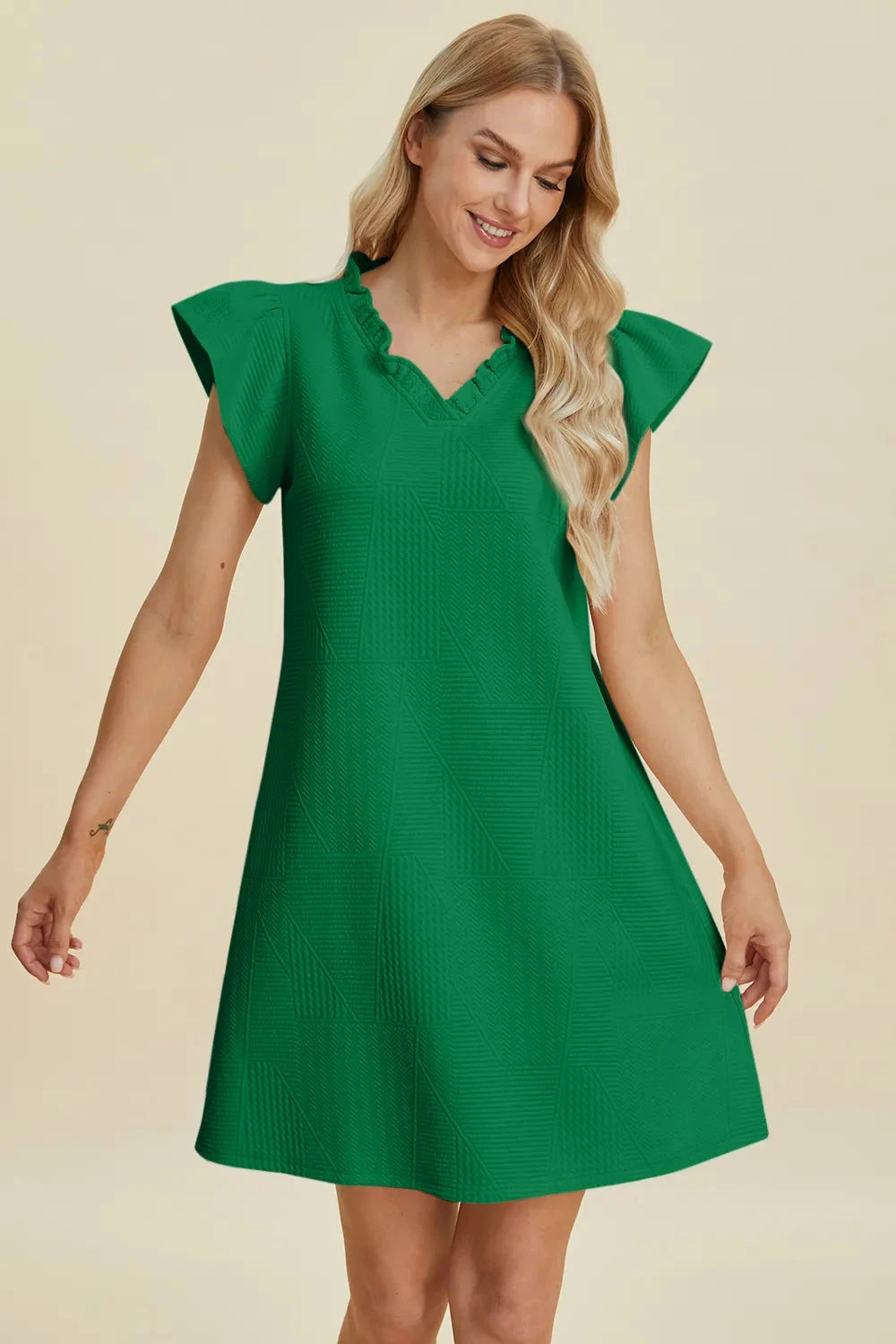 Double Take Women Ruffled V-Neck Cap Sleeve Dress Dresses jehouze 