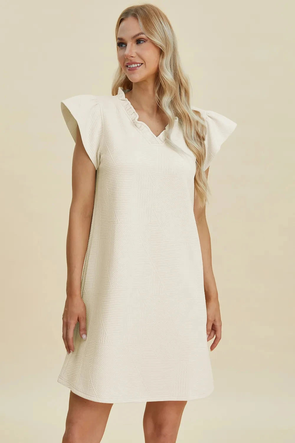 Double Take Women Ruffled V-Neck Cap Sleeve Dress Dresses jehouze 