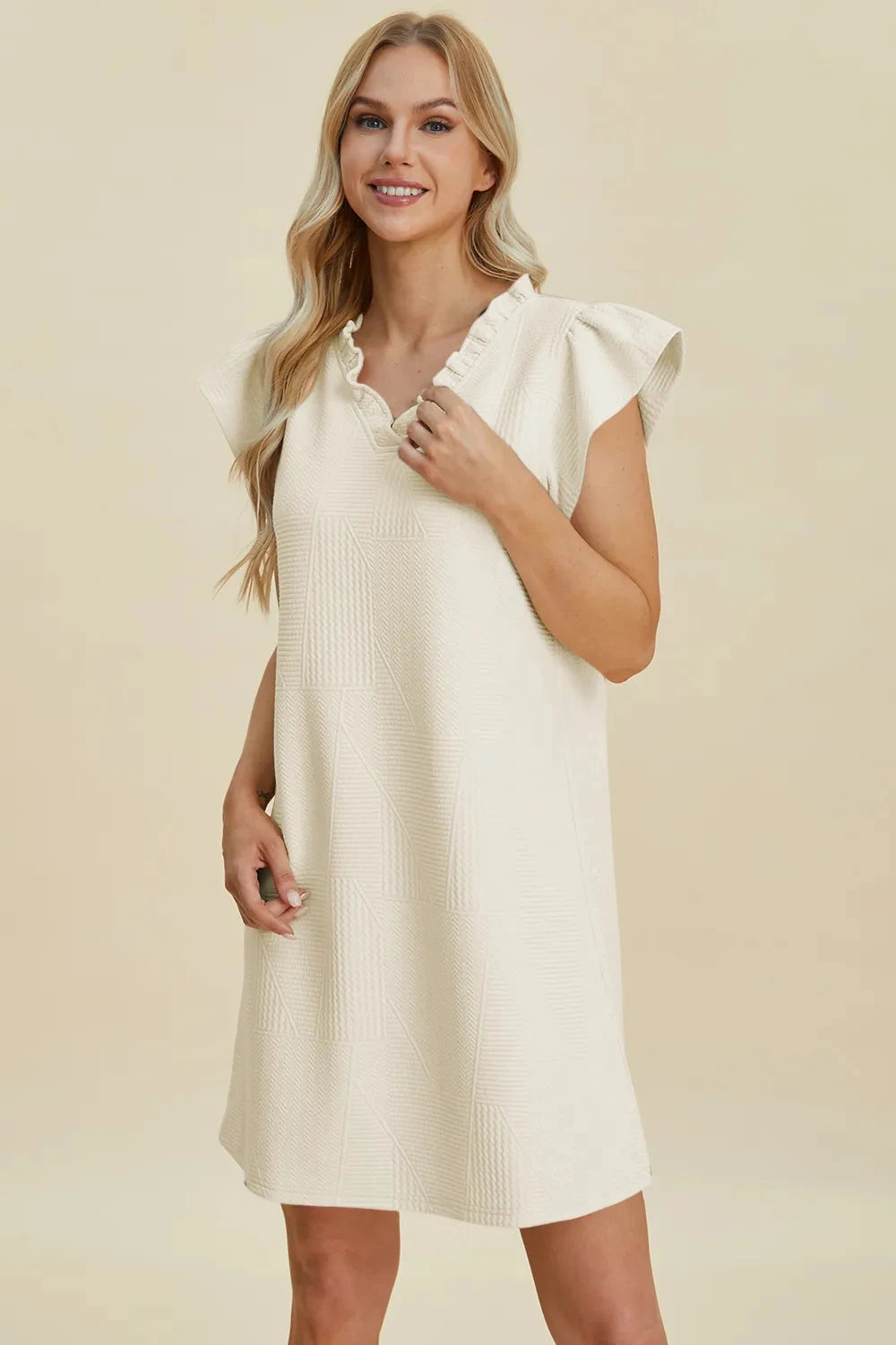 Double Take Women Ruffled V-Neck Cap Sleeve Dress Dresses jehouze 