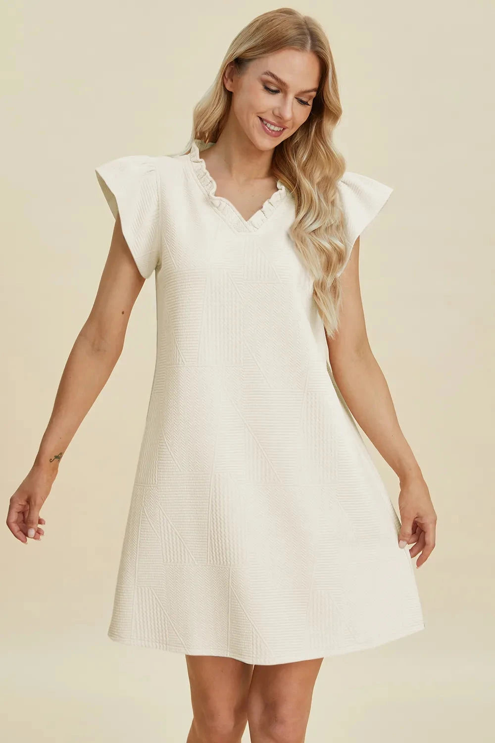 Double Take Women Ruffled V-Neck Cap Sleeve Dress Dresses jehouze 