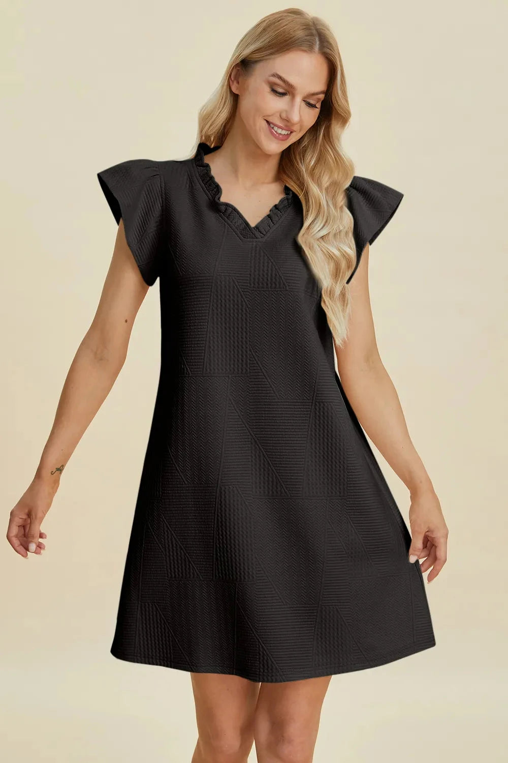 Double Take Women Ruffled V-Neck Cap Sleeve Dress Dresses jehouze 