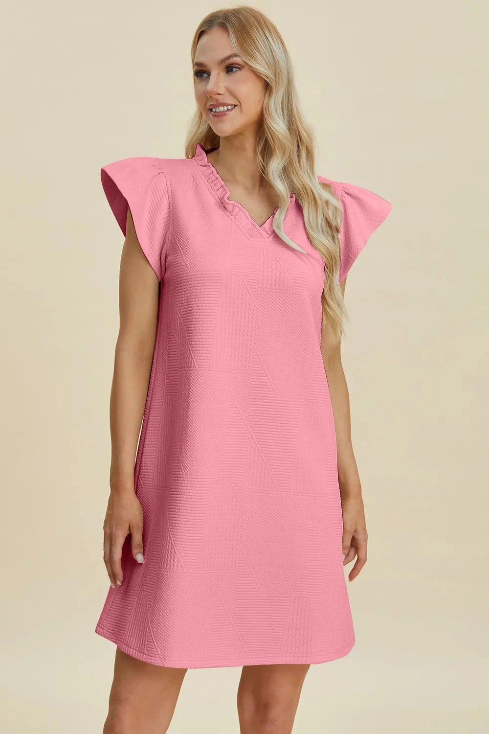 Double Take Women Ruffled V-Neck Cap Sleeve Dress Dresses jehouze 