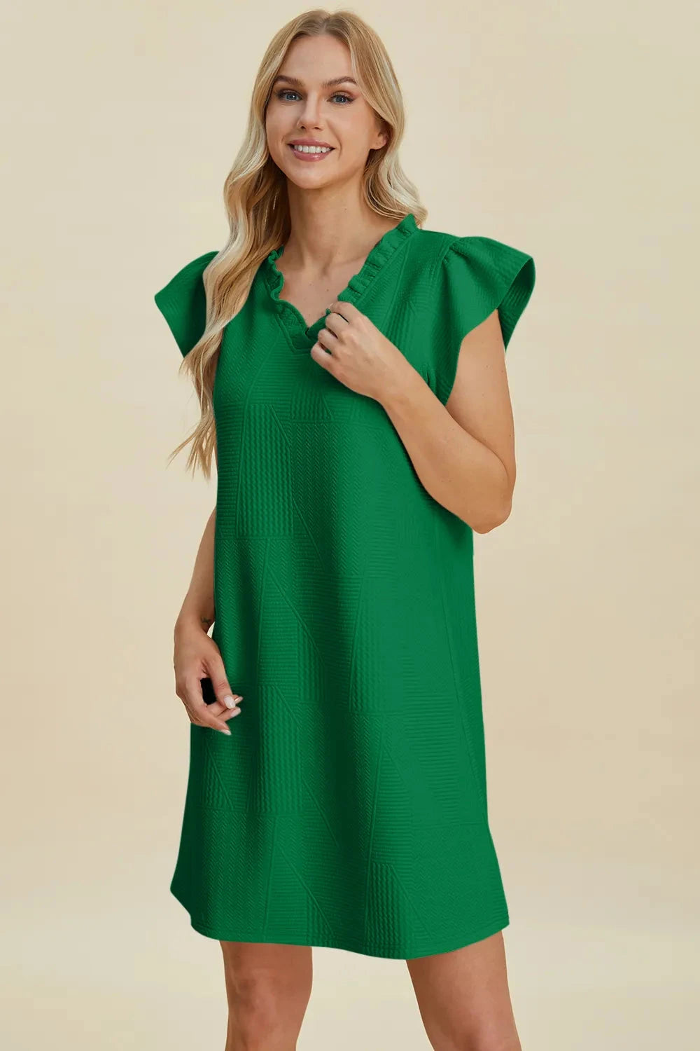 Double Take Women Ruffled V-Neck Cap Sleeve Dress Dresses jehouze 
