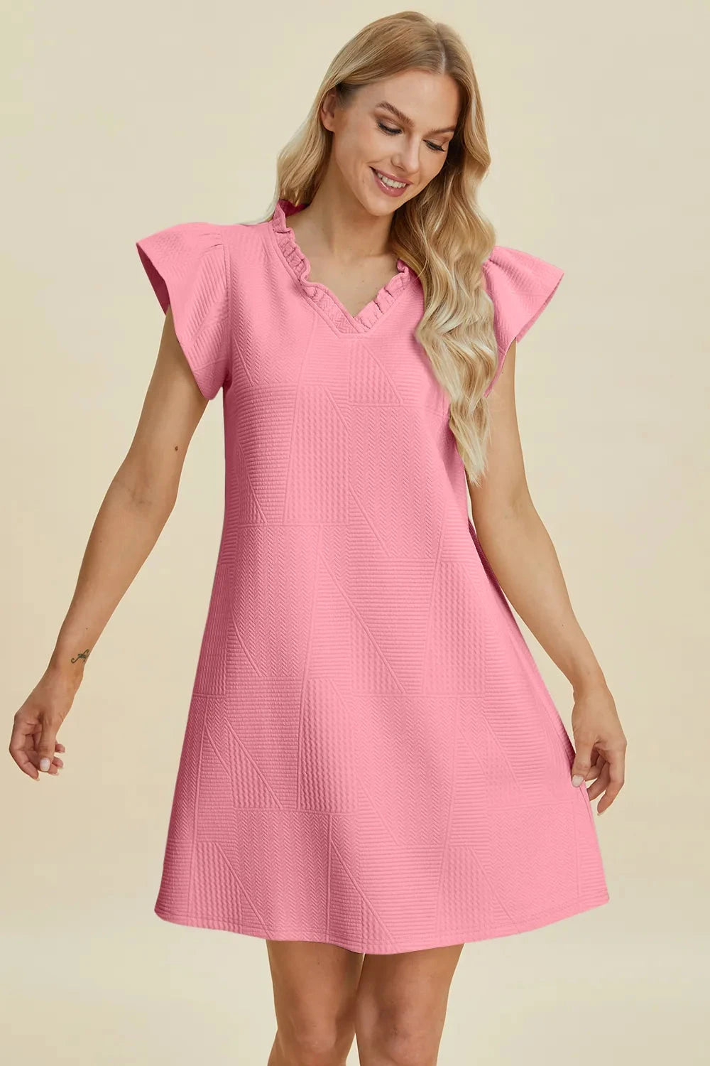 Double Take Women Ruffled V-Neck Cap Sleeve Dress Dresses jehouze 
