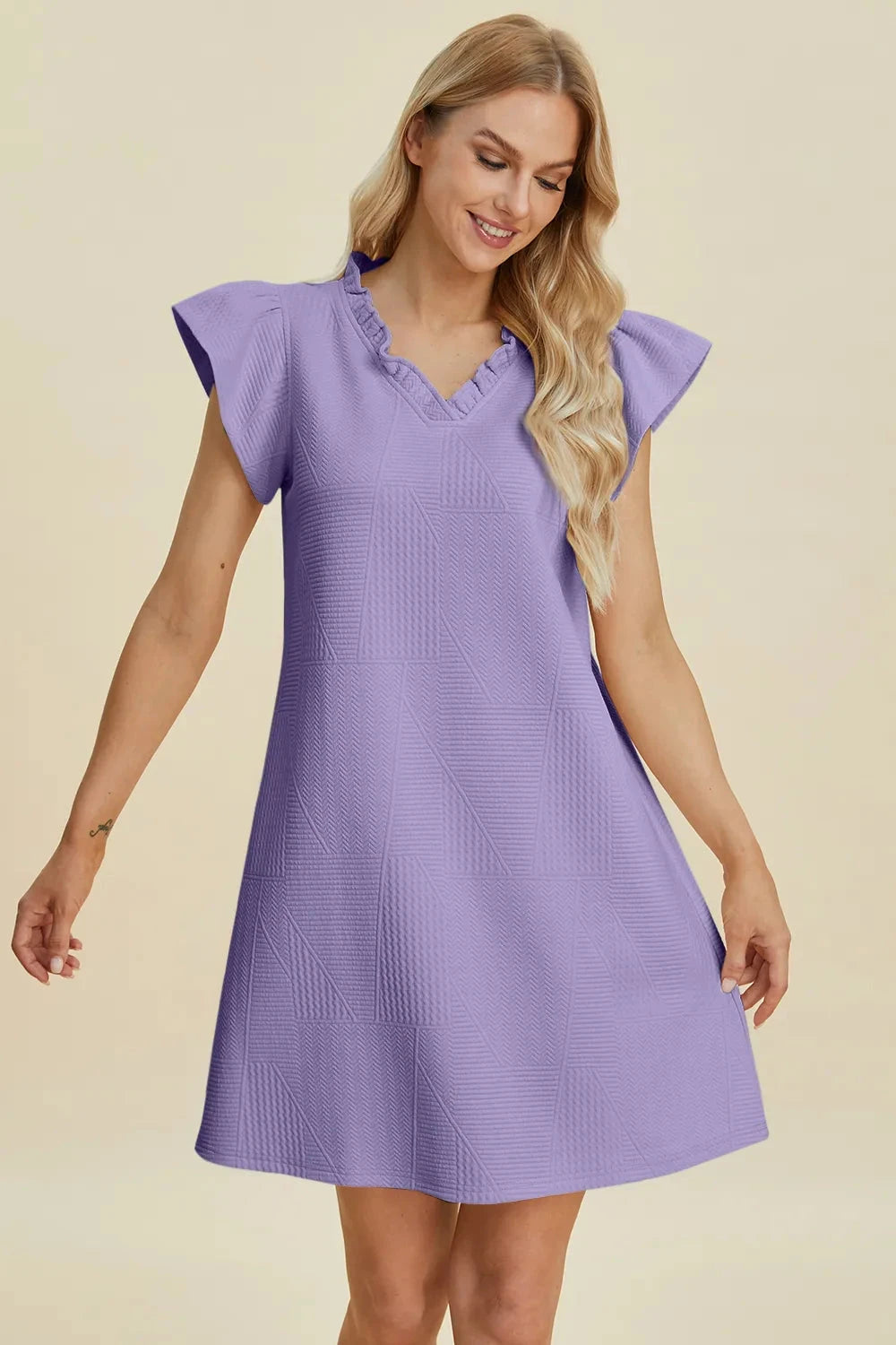 Double Take Women Ruffled V-Neck Cap Sleeve Dress Dresses jehouze 