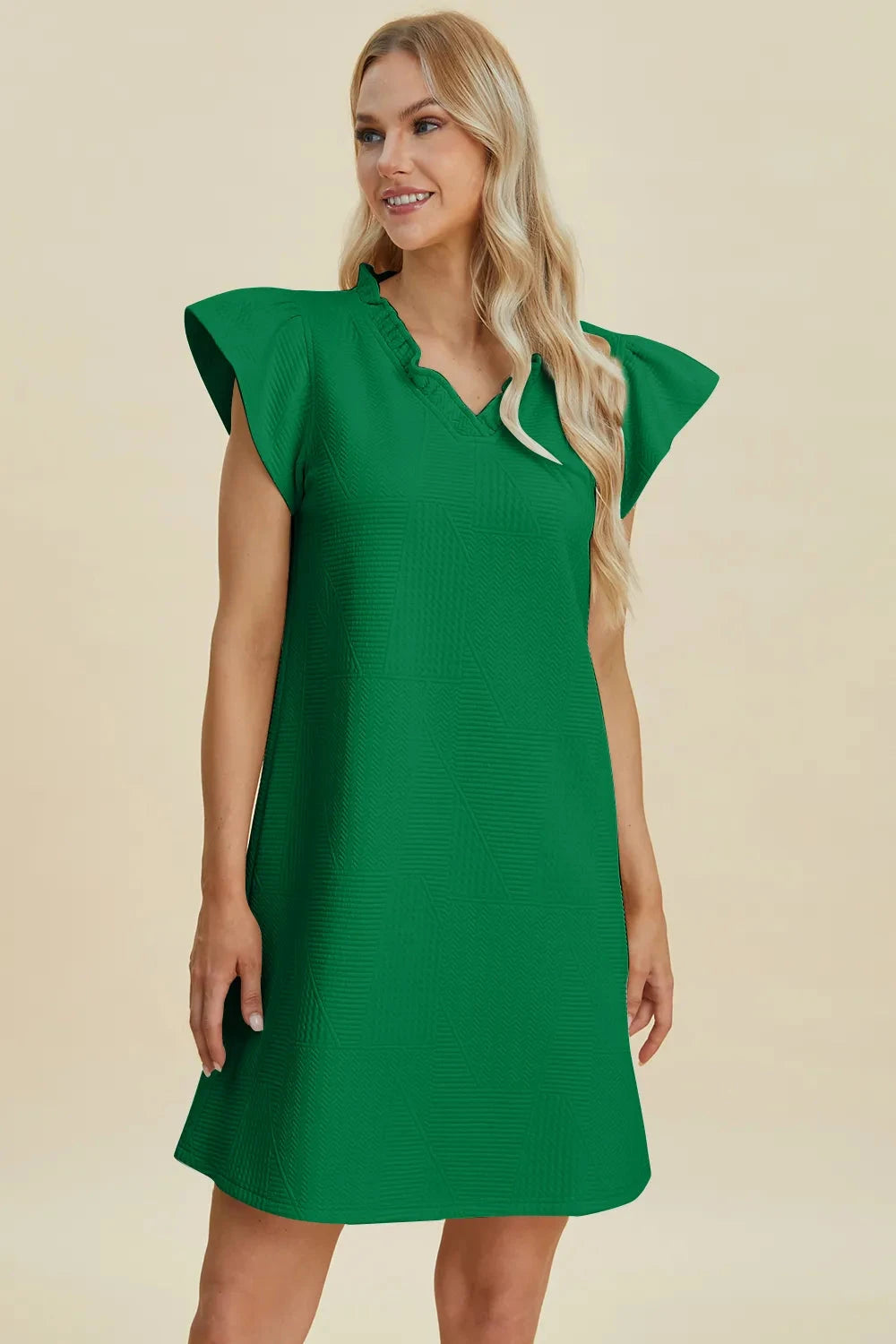 Double Take Women Ruffled V-Neck Cap Sleeve Dress Dresses jehouze 