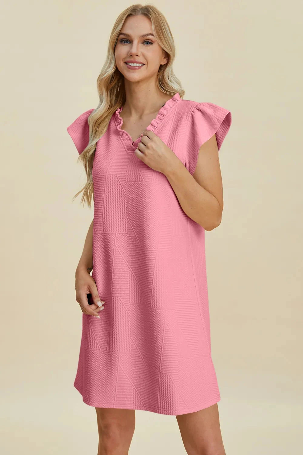 Double Take Women Ruffled V-Neck Cap Sleeve Dress Dresses jehouze 