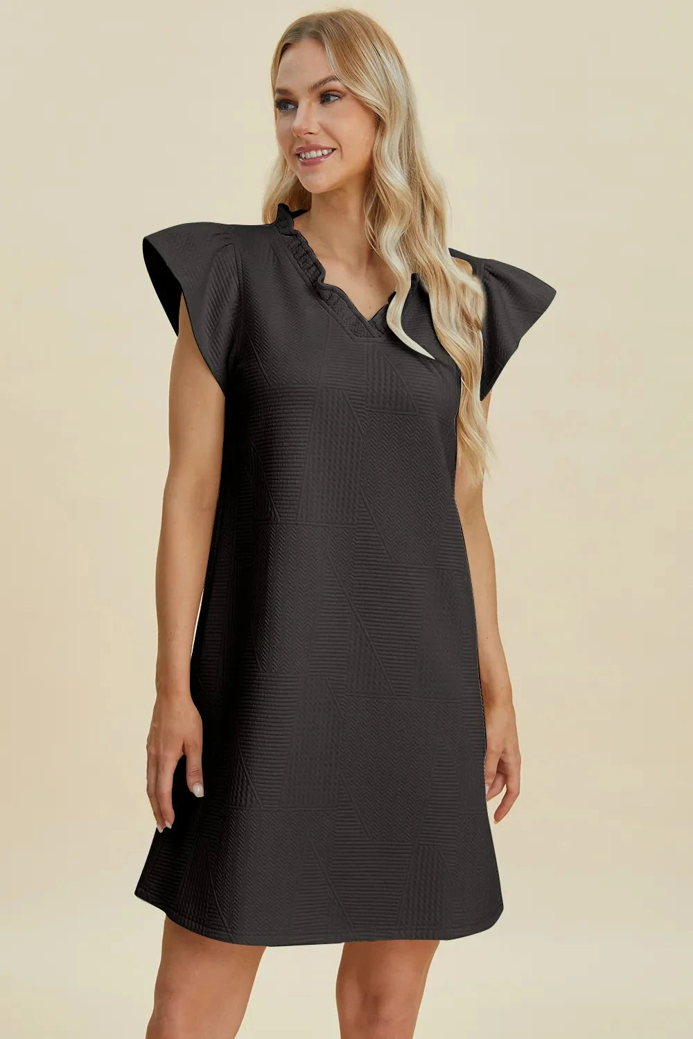 Double Take Women Ruffled V-Neck Cap Sleeve Dress Dresses jehouze 